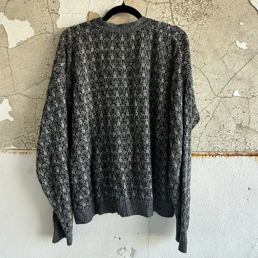 Vtg Grandpa Cardigan Geometric Knit Button Front Grey Neutral Lavane NY Unisex M